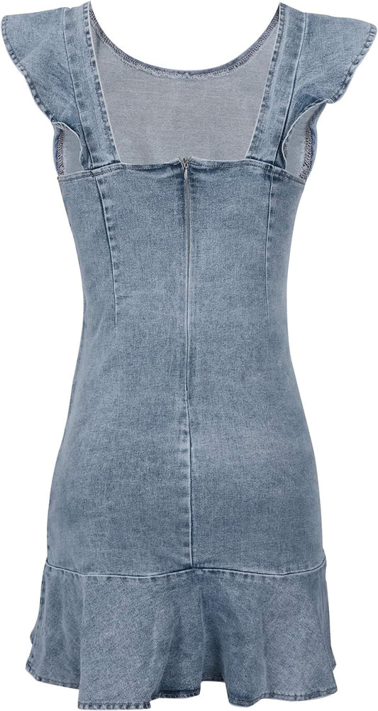 MYHALF Women's Casual Round Neck Ruffle Trim Sleeveless Denim A Line Mini Dress