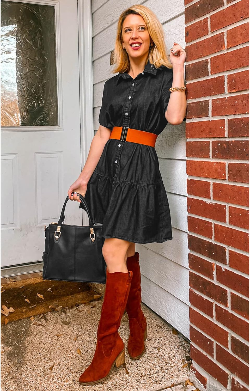 GRAPENT Denim Dress for Women Summer Button Down Belted Short Dresses Flowy Western Casual Jean Dress