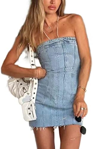 Sexy Denim Summer Dresses 2023 Women Y2k Clothing Jeans Tube Backless Bodycon Mini Dress Western Cowgirl Streetwear