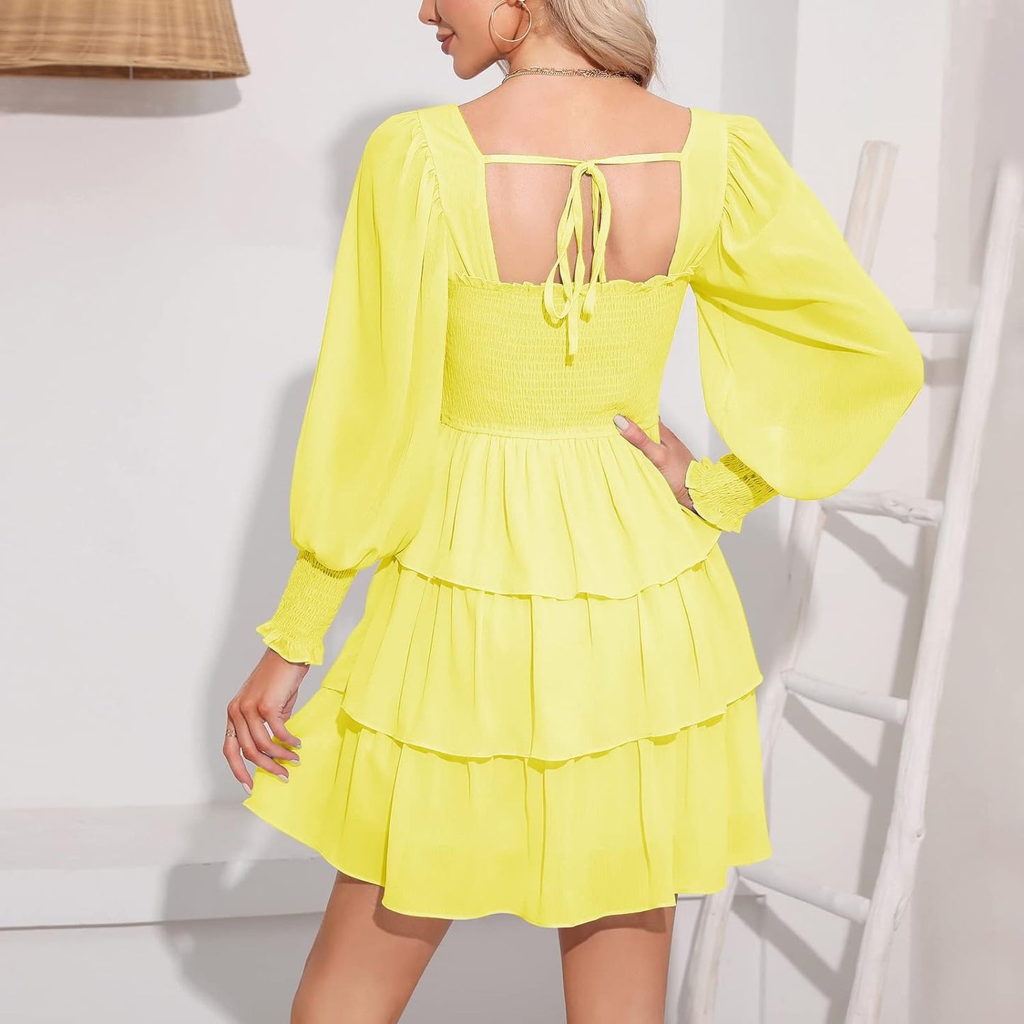 Byinns Women's 2024 Square Neck Ruffle Dress Long Sleeve Floral Print Tiered Tie Back Layered Swing Mini Dress