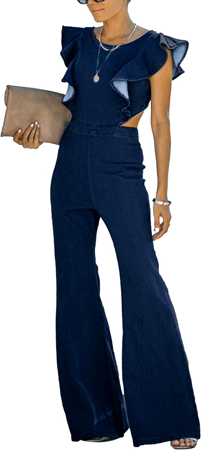 Omoone Women's Flared Denim Jumpsuit Ruffle Sleeve Backless Jeans Jumper Long Rompers