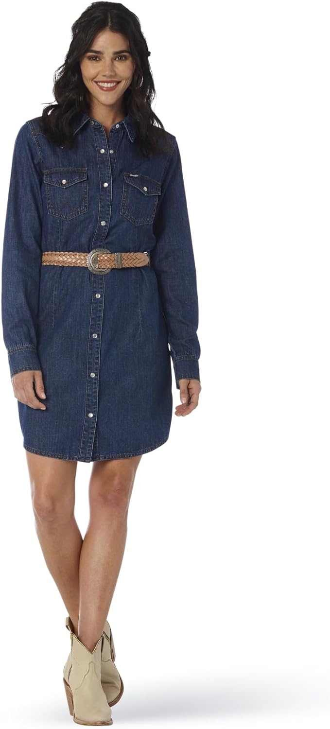 Wrangler Women's Retro Long Sleeve Western Denim Snap Dress