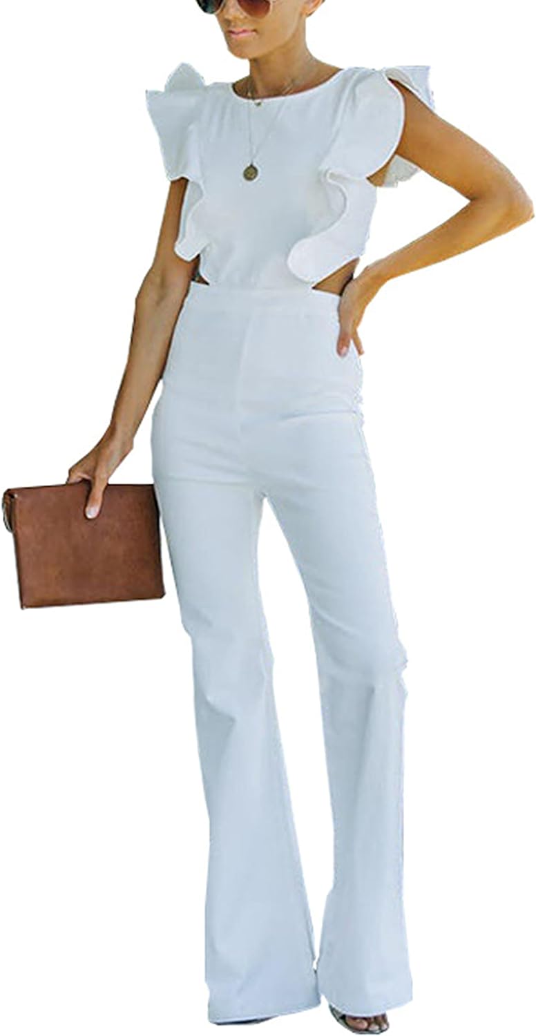 Omoone Women's Flared Denim Jumpsuit Ruffle Sleeve Backless Jeans Jumper Long Rompers