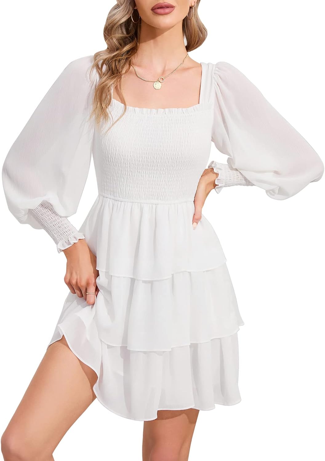 Byinns Women's 2024 Square Neck Ruffle Dress Long Sleeve Floral Print Tiered Tie Back Layered Swing Mini Dress