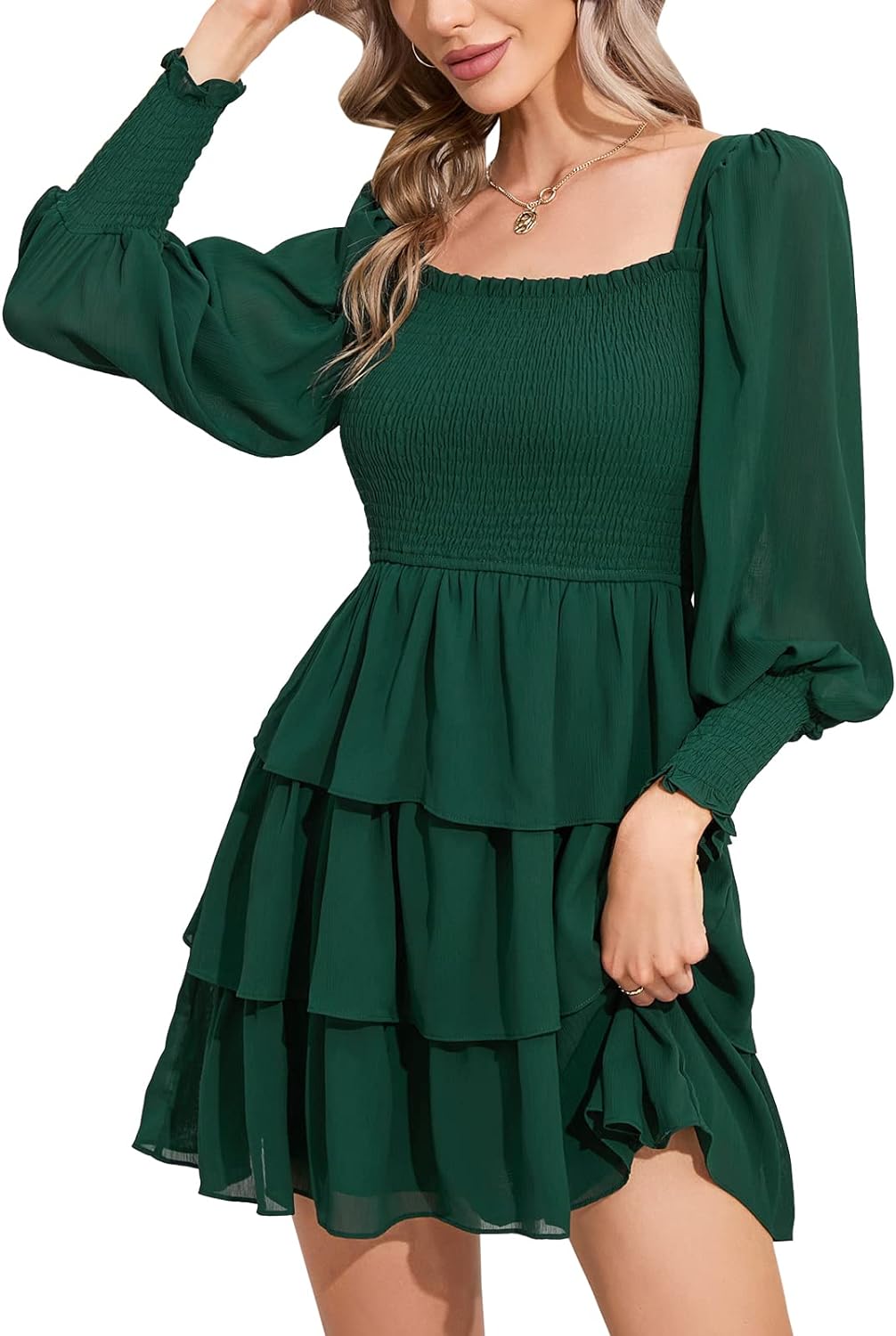 Byinns Women's 2024 Square Neck Ruffle Dress Long Sleeve Floral Print Tiered Tie Back Layered Swing Mini Dress