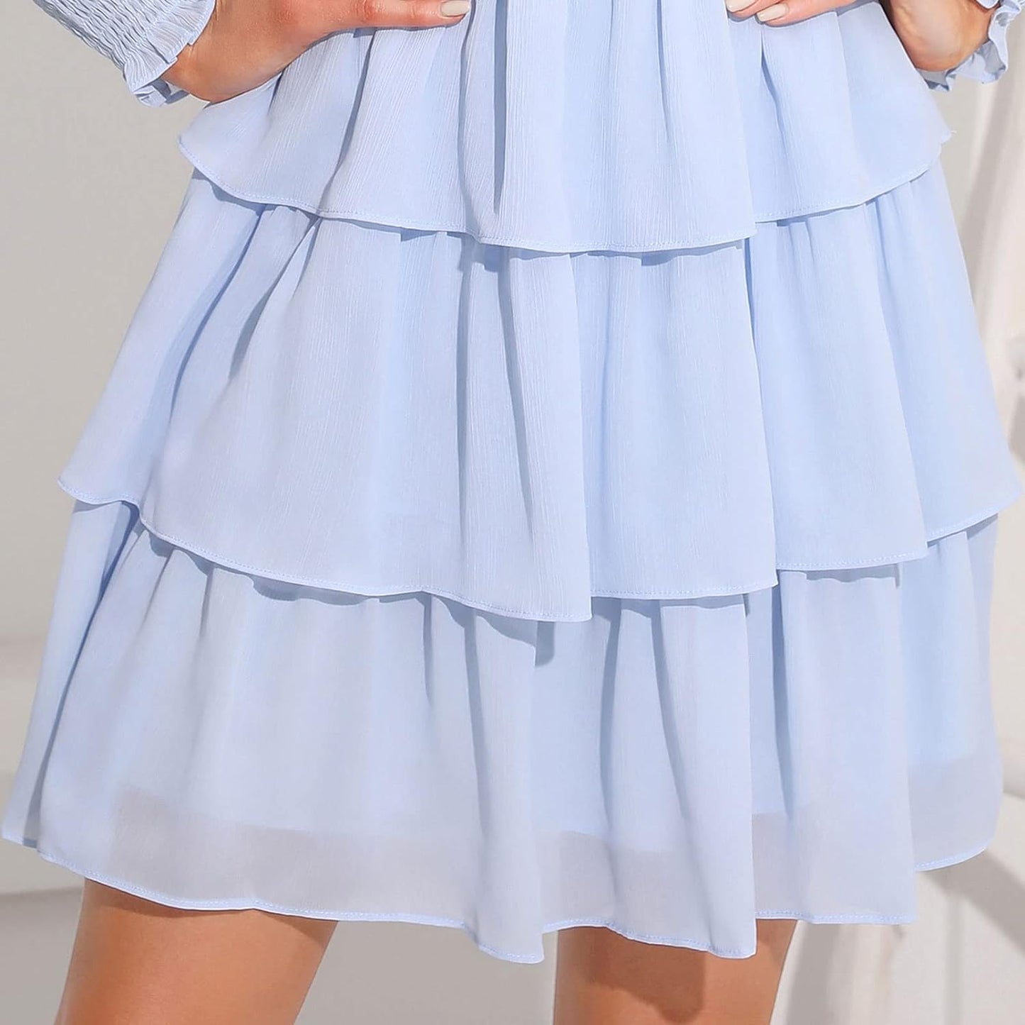 Byinns Women's 2024 Square Neck Ruffle Dress Long Sleeve Floral Print Tiered Tie Back Layered Swing Mini Dress