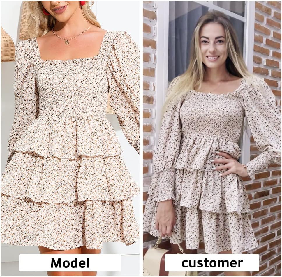 Byinns Women's 2024 Square Neck Ruffle Dress Long Sleeve Floral Print Tiered Tie Back Layered Swing Mini Dress