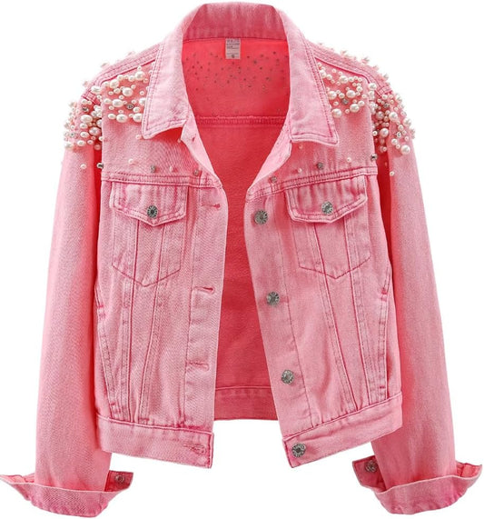 Kedera Women's Embroidered Rivet Pearl Short Denim Jacket Coat