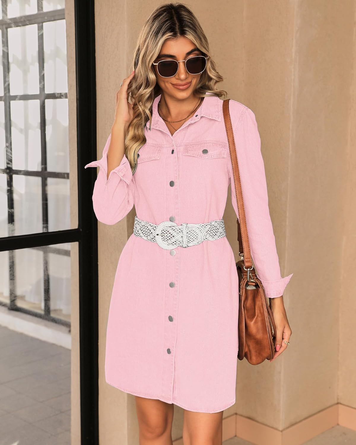 luvamia Denim Dress for Women 2024 Jean Spring Dresses Cowgirl Western Casual Long Sleeve Button Down Dress with Pockets