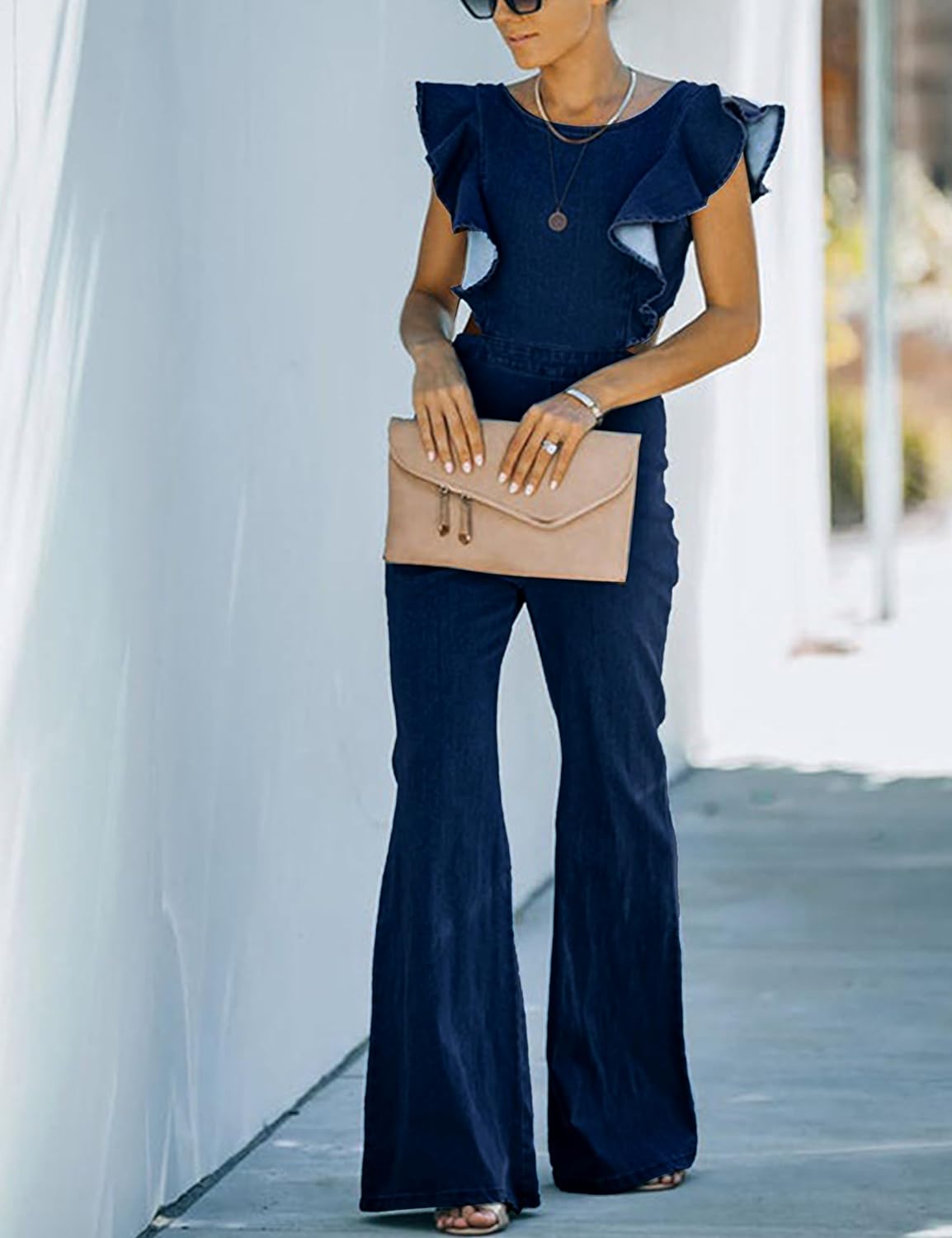 Omoone Women's Flared Denim Jumpsuit Ruffle Sleeve Backless Jeans Jumper Long Rompers