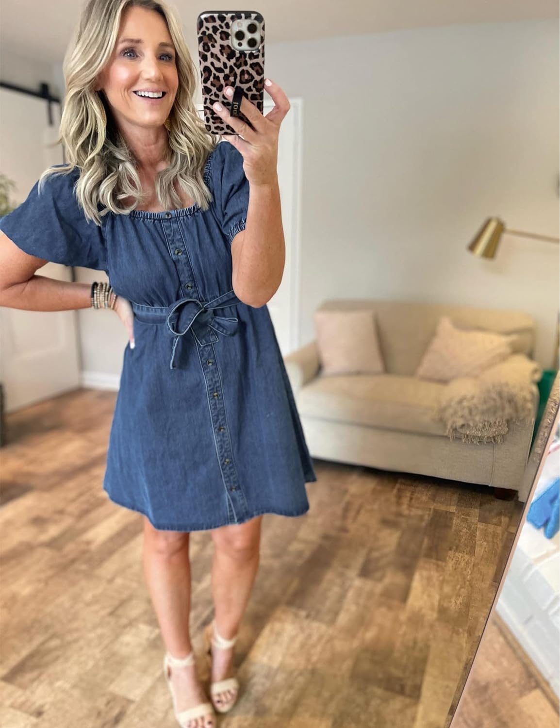 luvamia Denim Dress for Women Off The Shoulder Dresses Puff Sleeve Elastic Waist A Line Short Western Jean Dress Belted