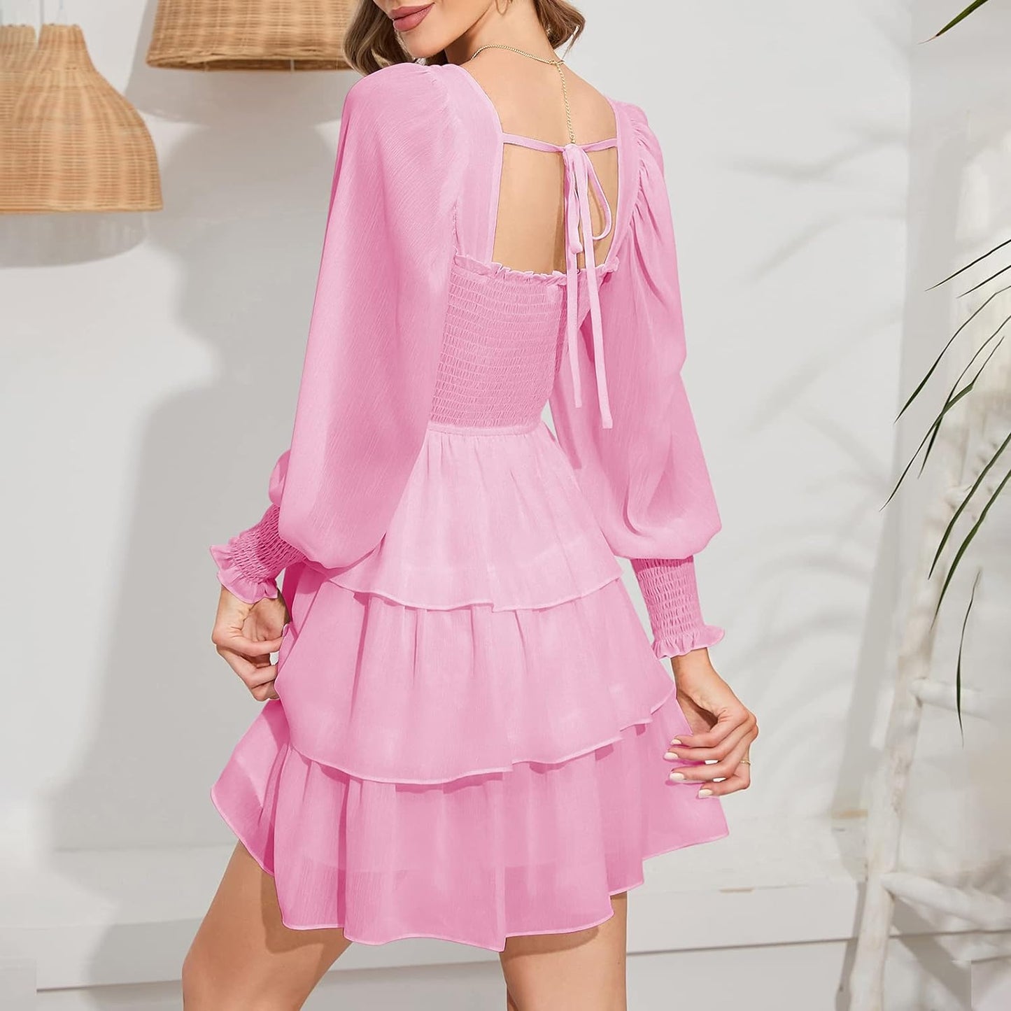 Byinns Women's 2024 Square Neck Ruffle Dress Long Sleeve Floral Print Tiered Tie Back Layered Swing Mini Dress