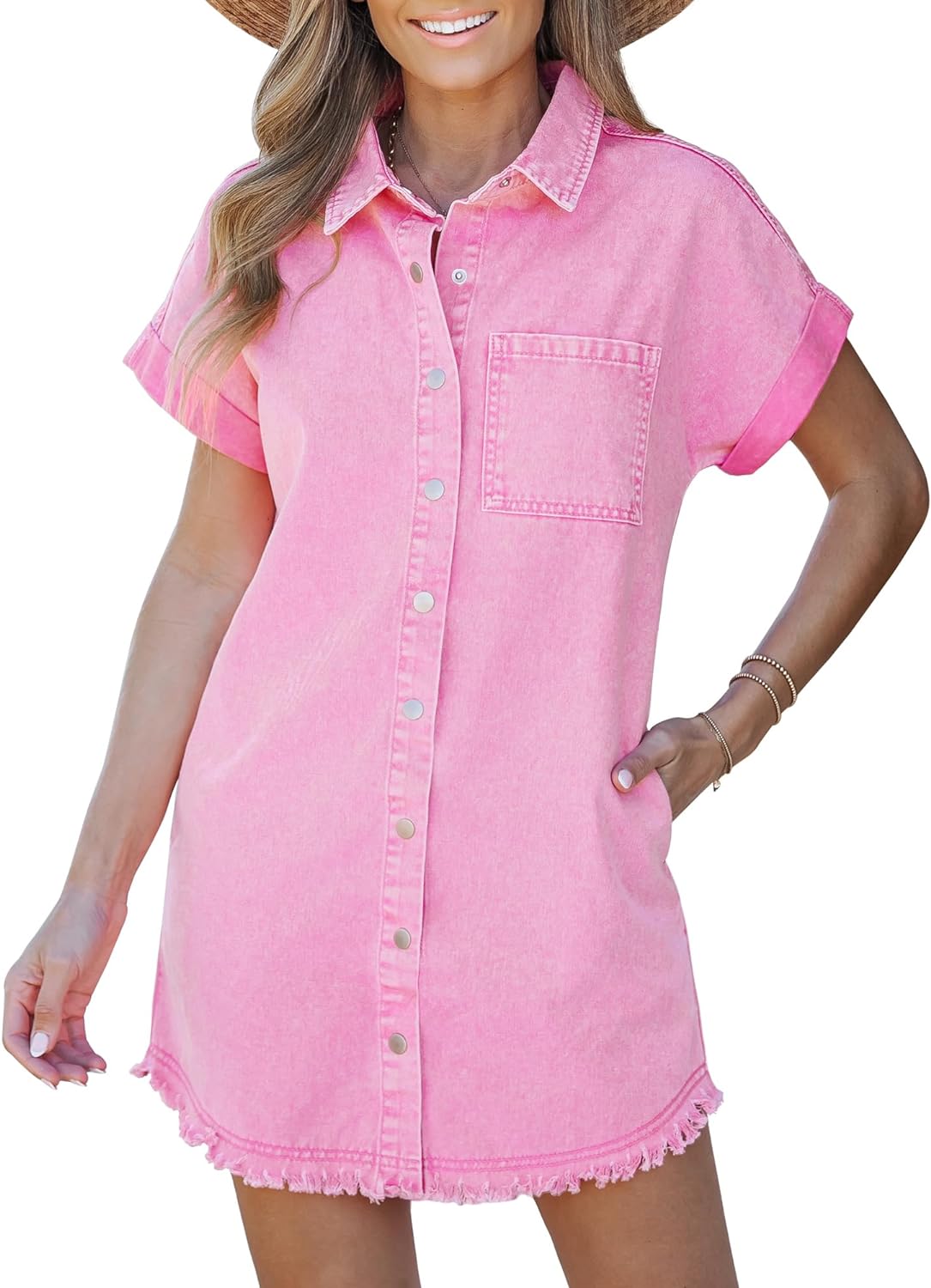 luvamia Denim Dress for Women Button Down Short Sleeves Casual Summer Jean Shirt Dresses with Pockets Frayed Hem