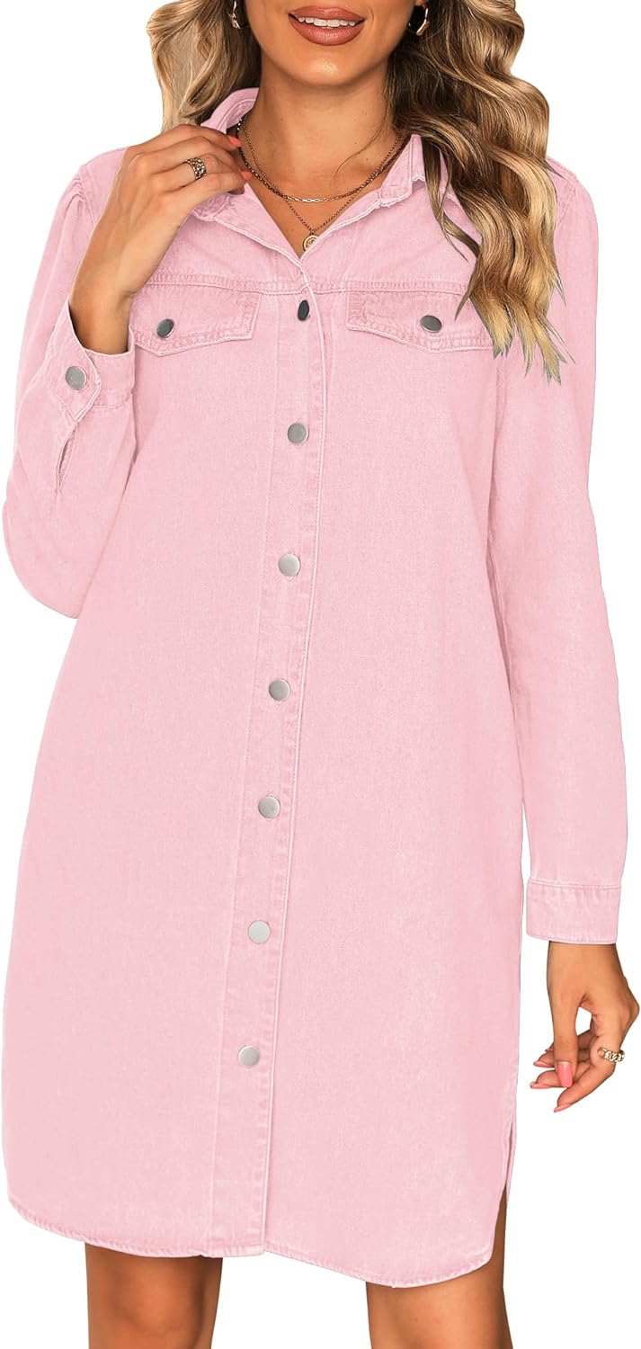 luvamia Denim Dress for Women 2024 Jean Spring Dresses Cowgirl Western Casual Long Sleeve Button Down Dress with Pockets