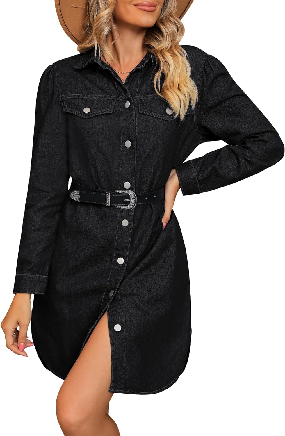 luvamia Denim Dress for Women 2024 Jean Spring Dresses Cowgirl Western Casual Long Sleeve Button Down Dress with Pockets