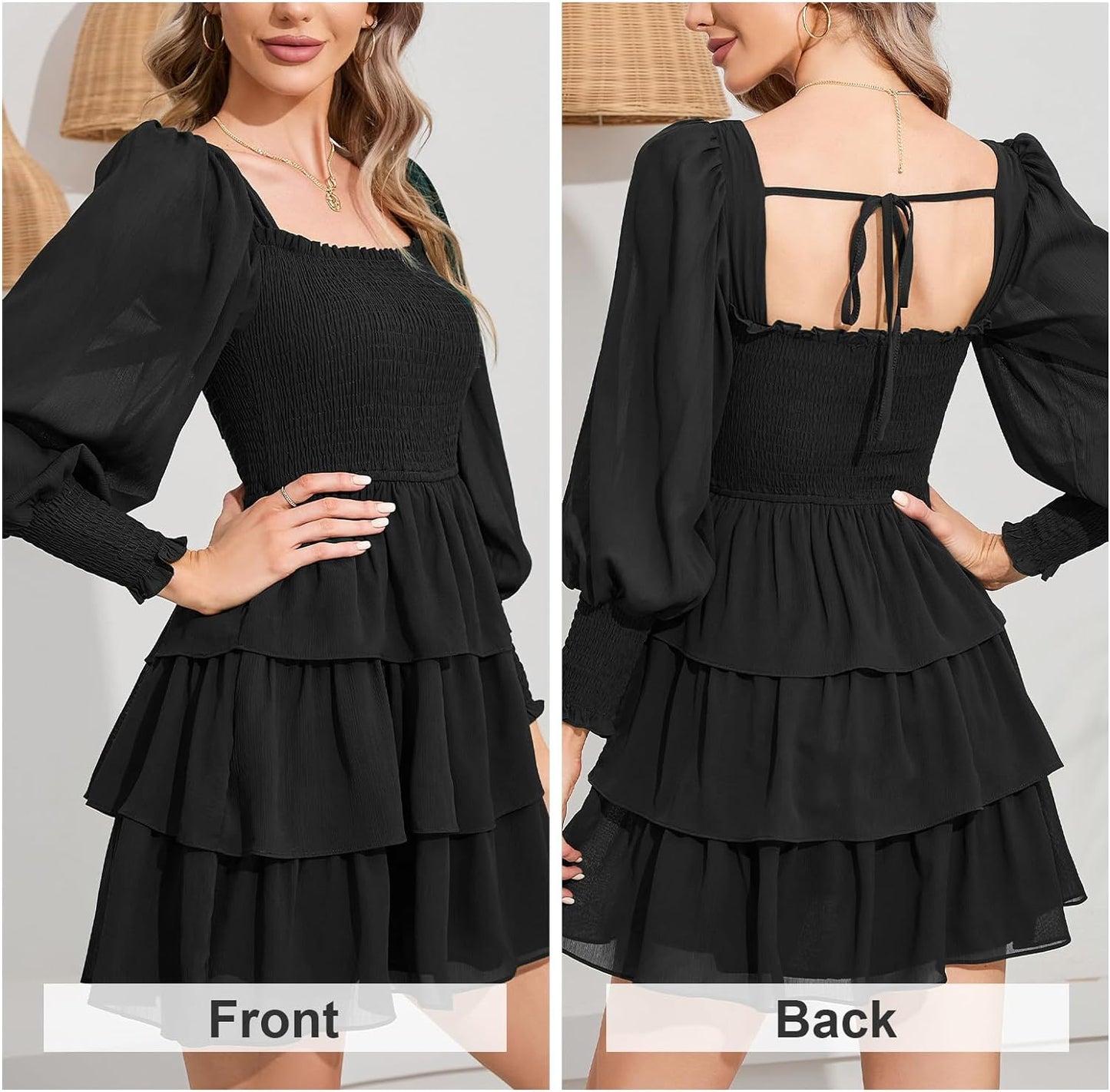 Byinns Women's 2024 Square Neck Ruffle Dress Long Sleeve Floral Print Tiered Tie Back Layered Swing Mini Dress