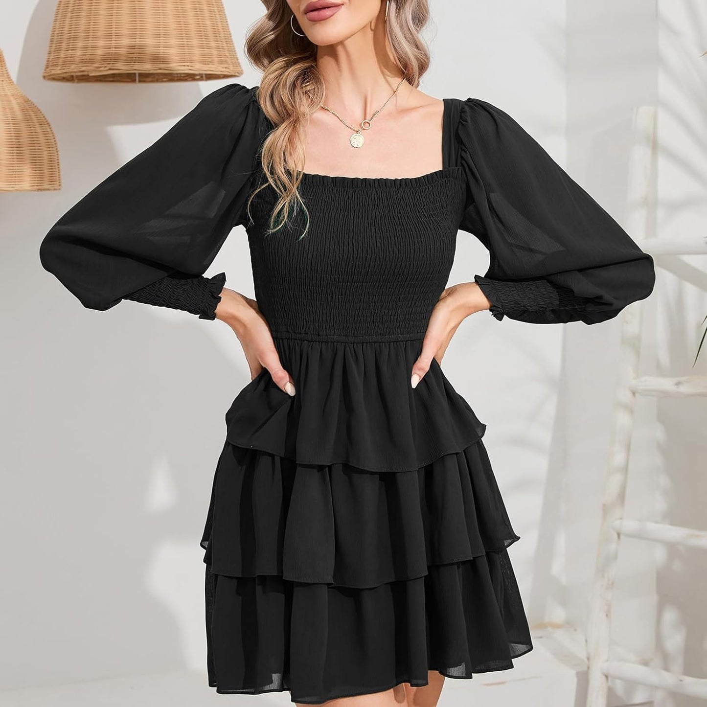 Byinns Women's 2024 Square Neck Ruffle Dress Long Sleeve Floral Print Tiered Tie Back Layered Swing Mini Dress