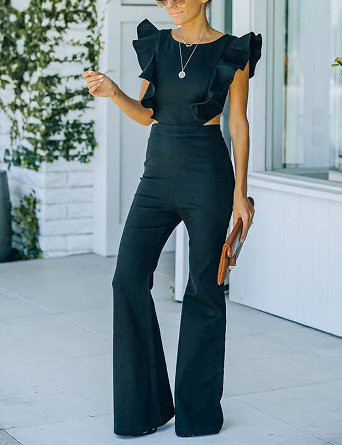 Omoone Women's Flared Denim Jumpsuit Ruffle Sleeve Backless Jeans Jumper Long Rompers