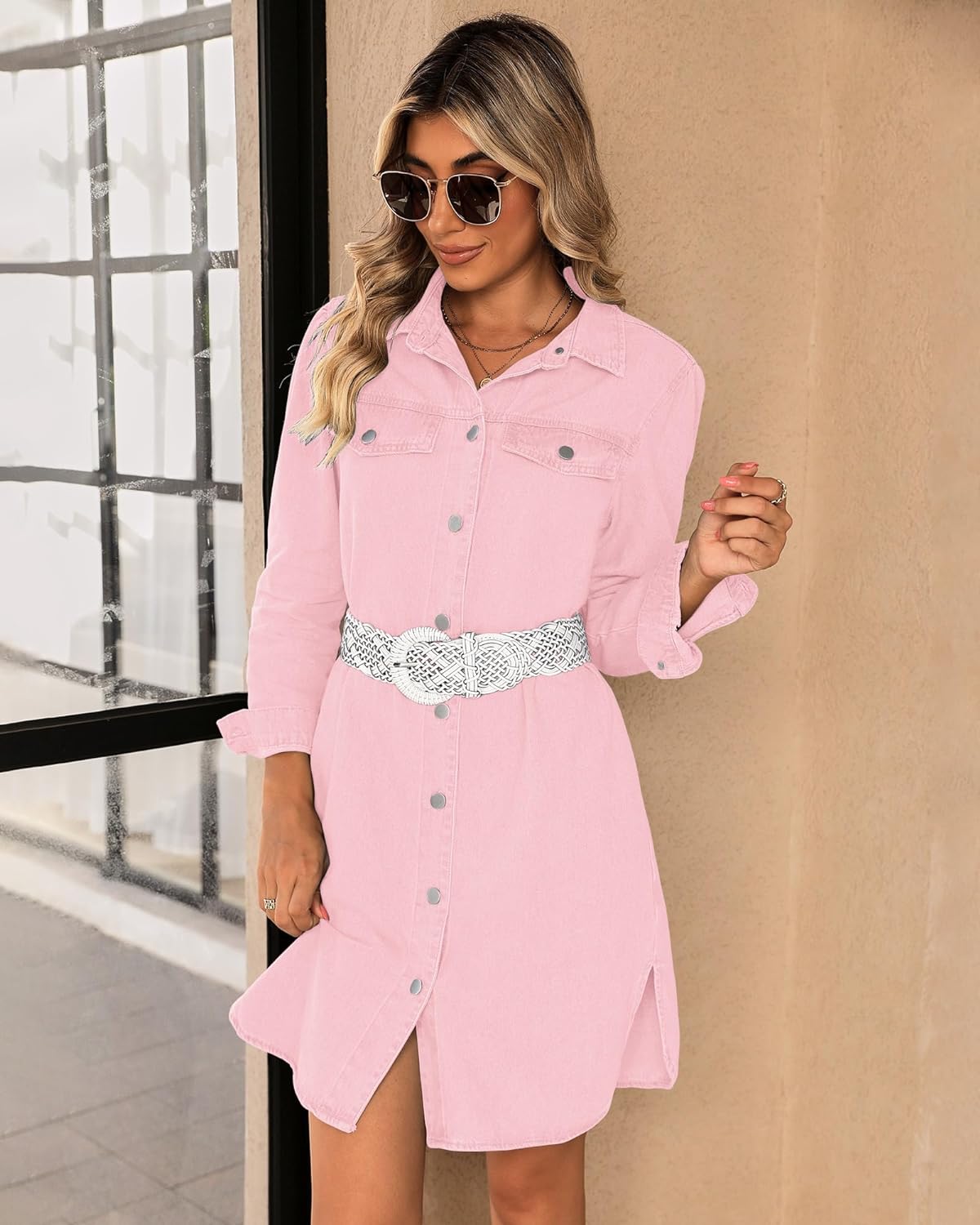 luvamia Denim Dress for Women 2024 Jean Spring Dresses Cowgirl Western Casual Long Sleeve Button Down Dress with Pockets