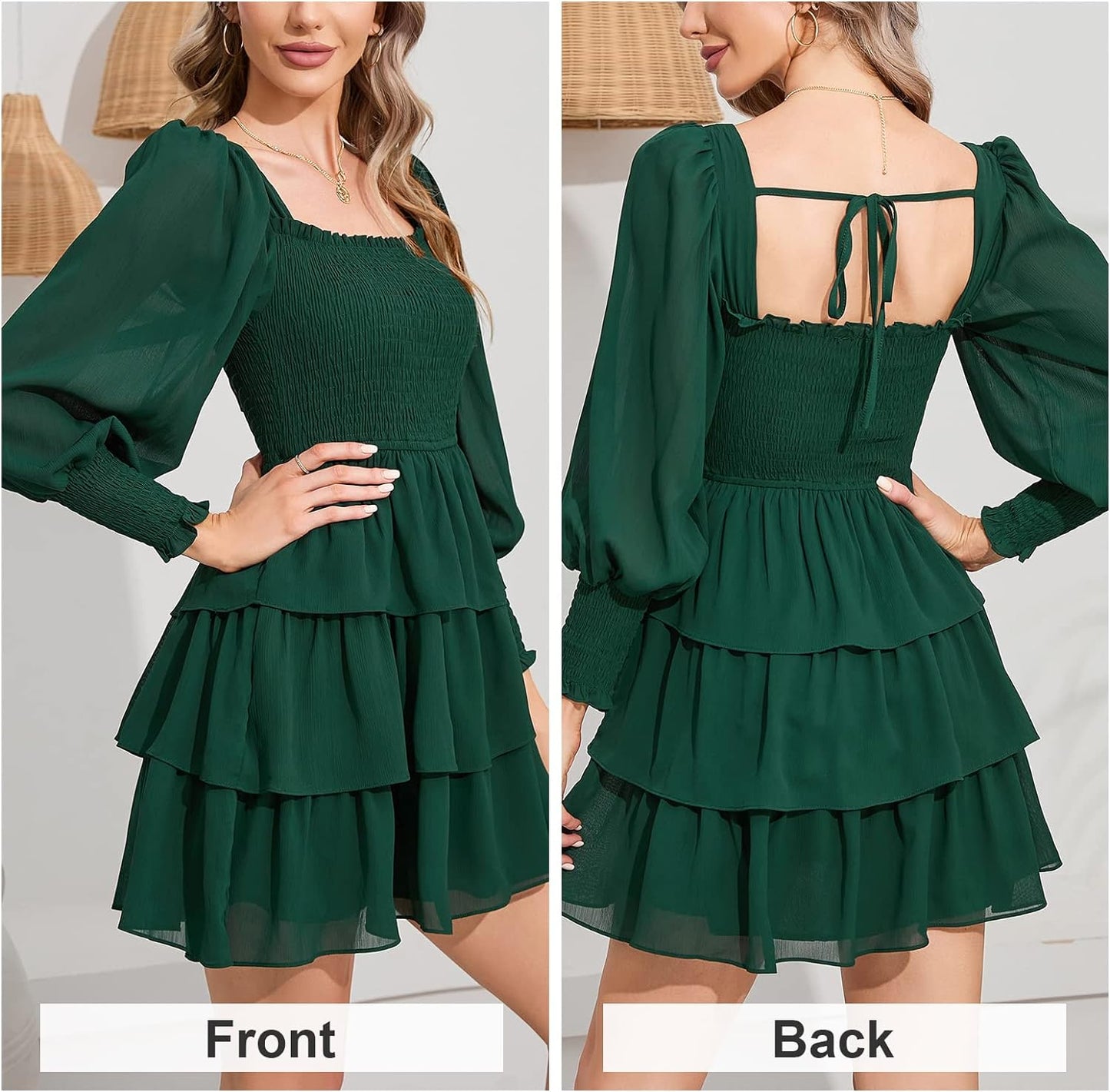 Byinns Women's 2024 Square Neck Ruffle Dress Long Sleeve Floral Print Tiered Tie Back Layered Swing Mini Dress