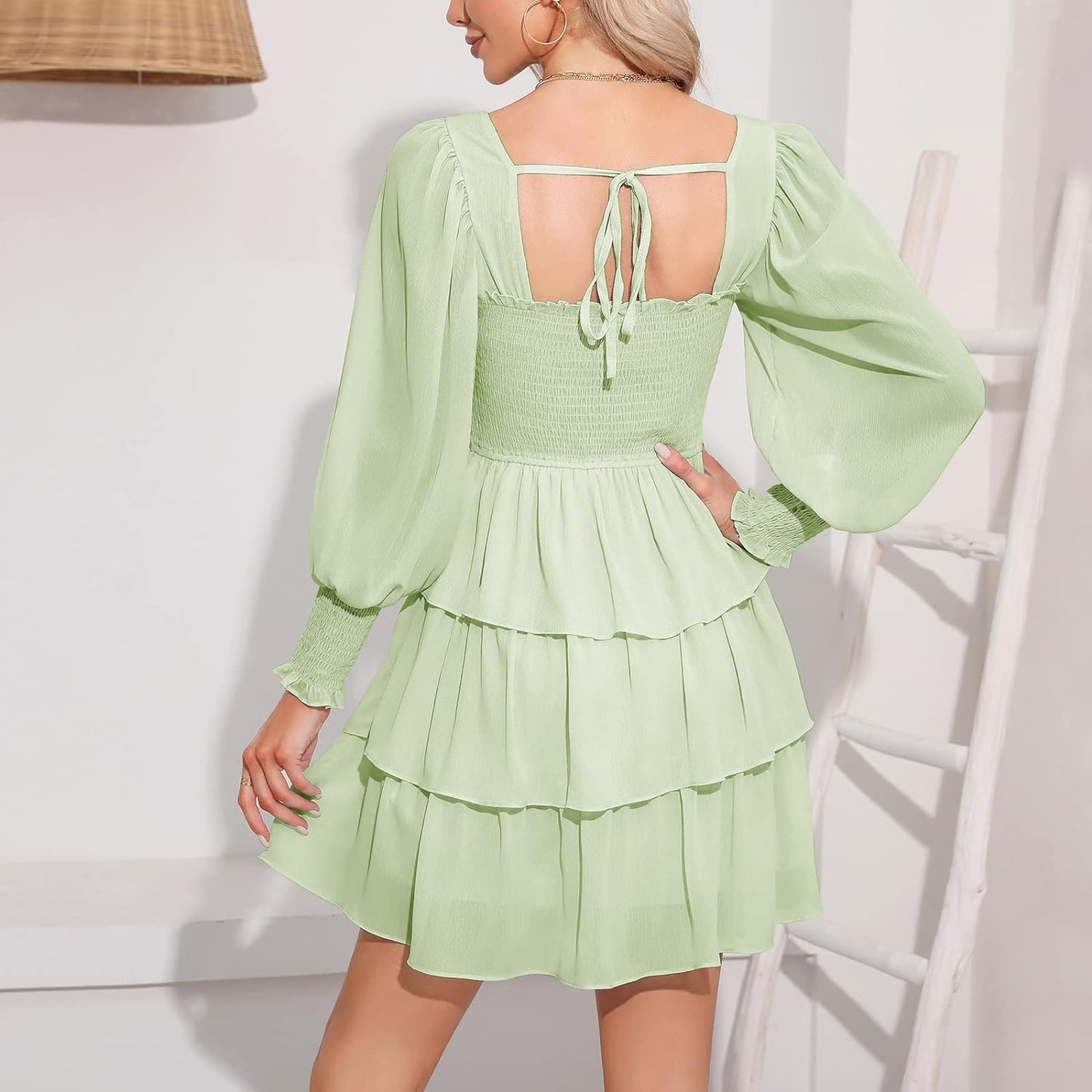 Byinns Women's 2024 Square Neck Ruffle Dress Long Sleeve Floral Print Tiered Tie Back Layered Swing Mini Dress