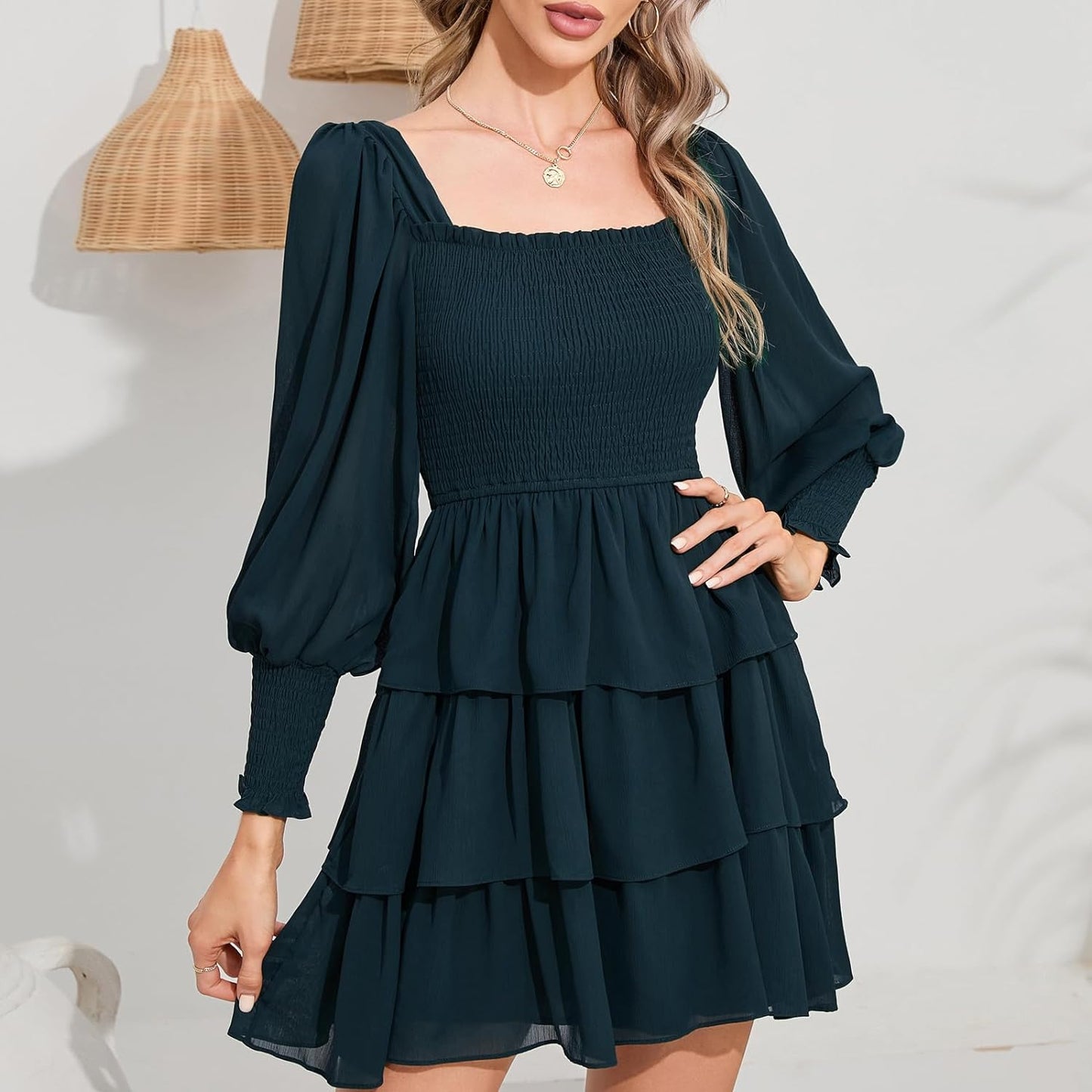 Byinns Women's 2024 Square Neck Ruffle Dress Long Sleeve Floral Print Tiered Tie Back Layered Swing Mini Dress