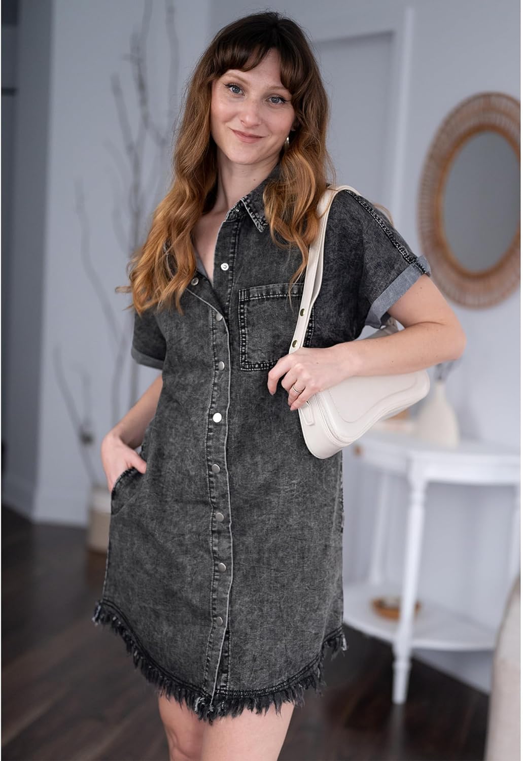 luvamia Denim Dress for Women Button Down Short Sleeves Casual Summer Jean Shirt Dresses with Pockets Frayed Hem