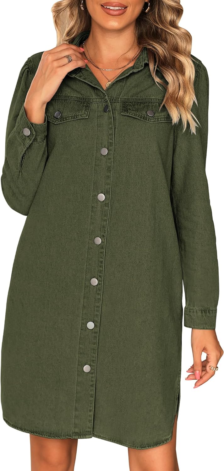 luvamia Denim Dress for Women 2024 Jean Spring Dresses Cowgirl Western Casual Long Sleeve Button Down Dress with Pockets