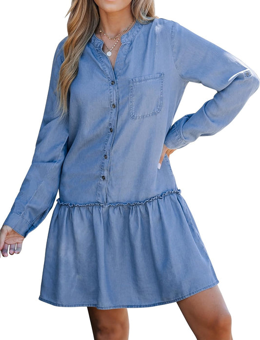 luvamia Denim Dress for Women Long Sleeve Shift Button Down Ruffle Jean Dresses Chambray Western Short Dresses Pockets