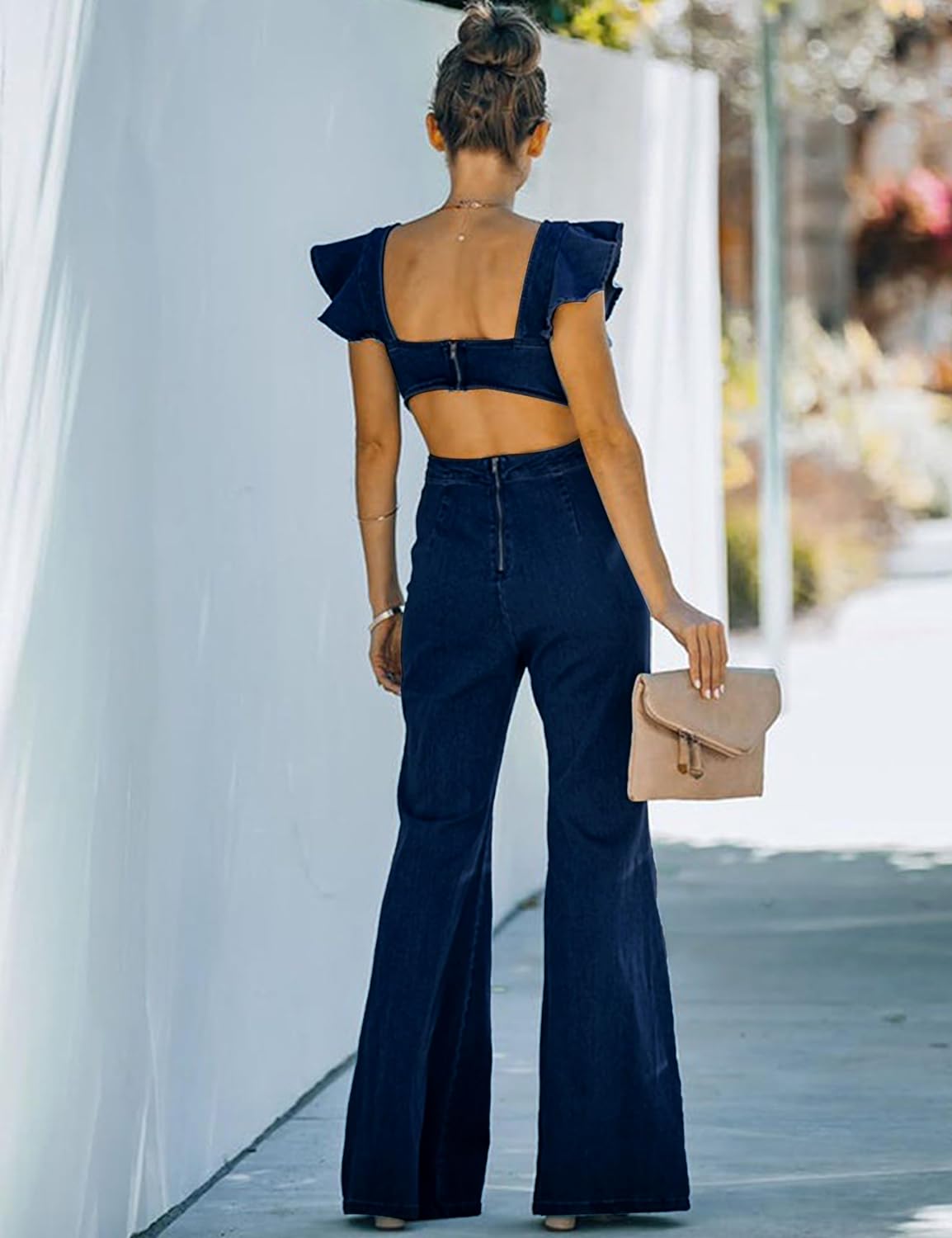 Omoone Women's Flared Denim Jumpsuit Ruffle Sleeve Backless Jeans Jumper Long Rompers