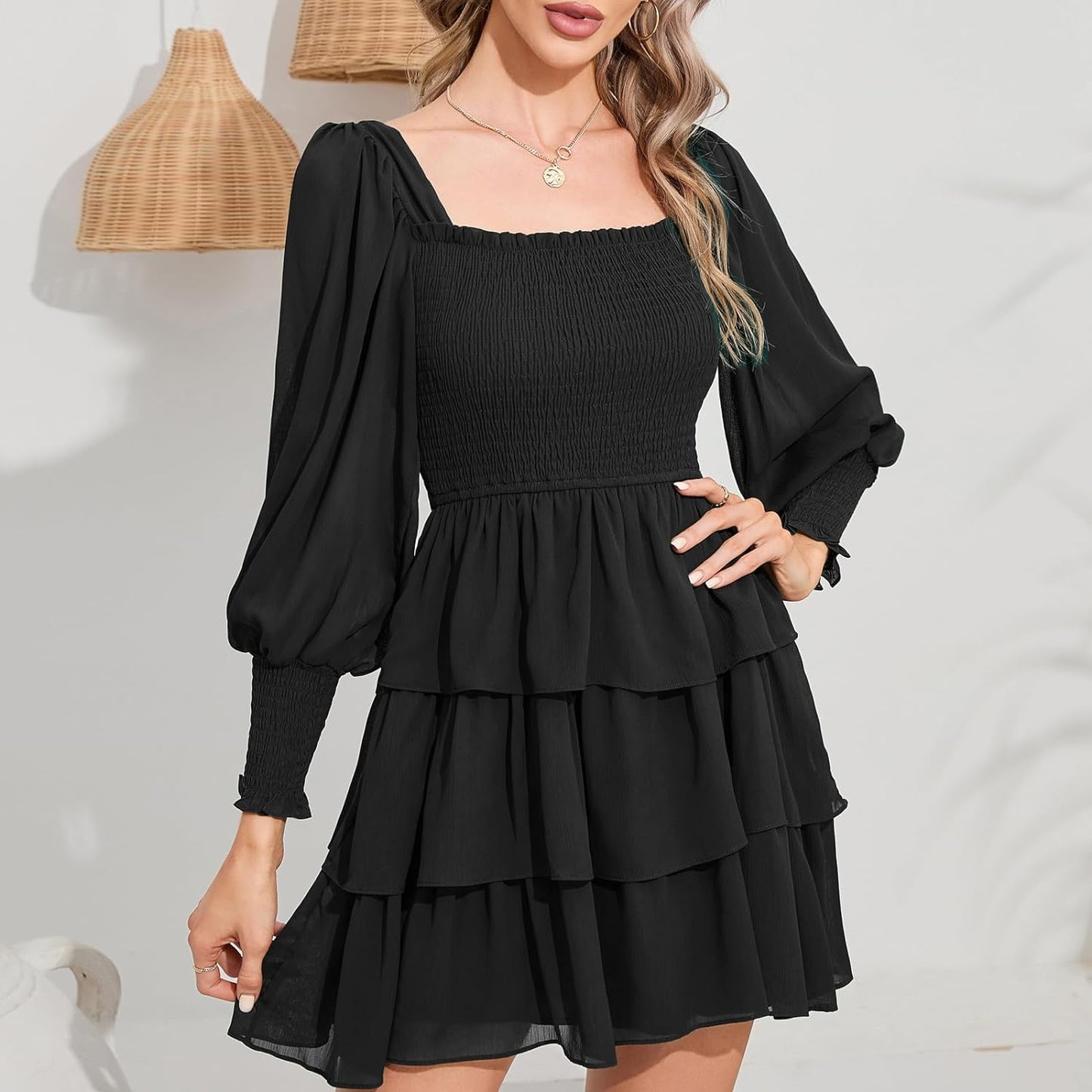 Byinns Women's 2024 Square Neck Ruffle Dress Long Sleeve Floral Print Tiered Tie Back Layered Swing Mini Dress