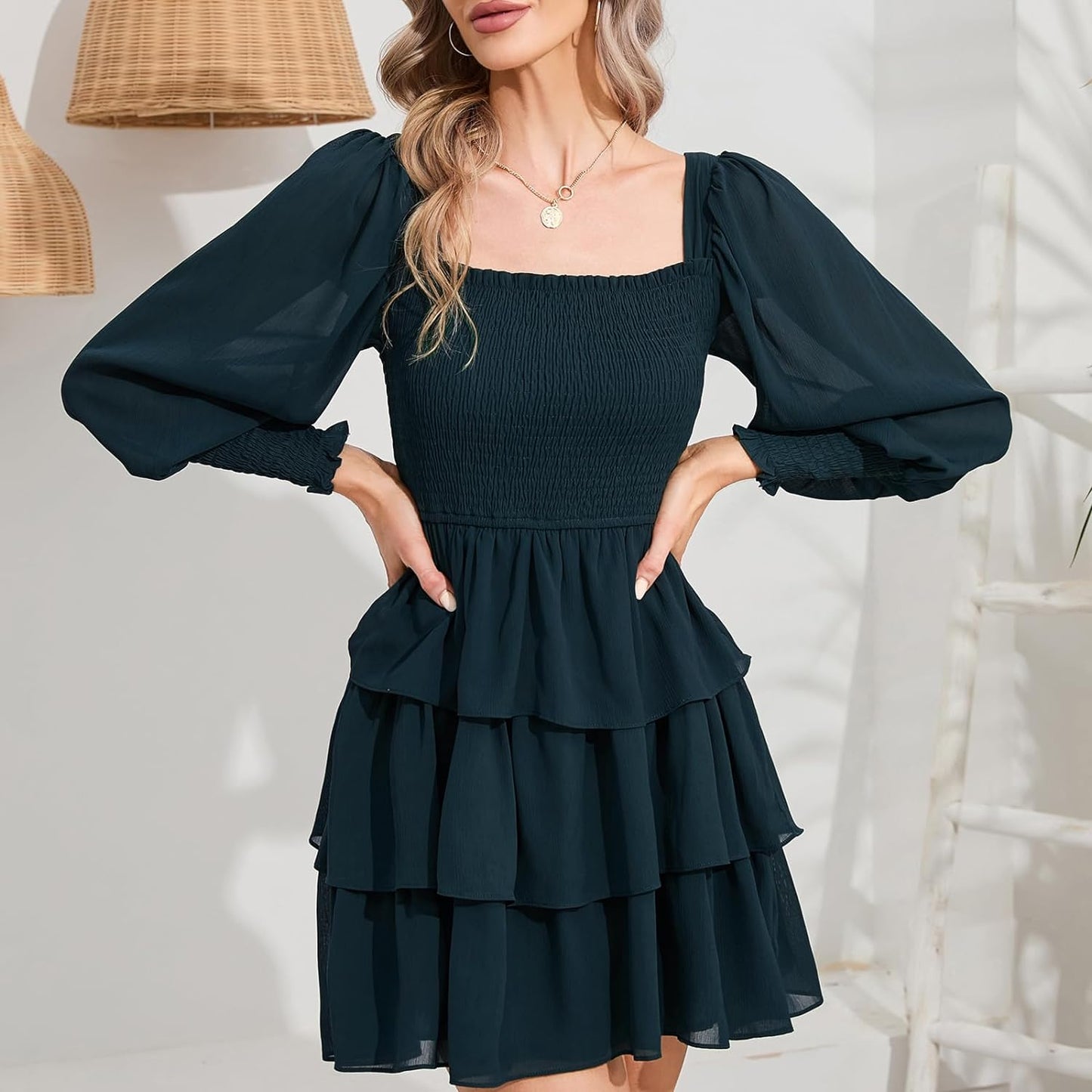 Byinns Women's 2024 Square Neck Ruffle Dress Long Sleeve Floral Print Tiered Tie Back Layered Swing Mini Dress