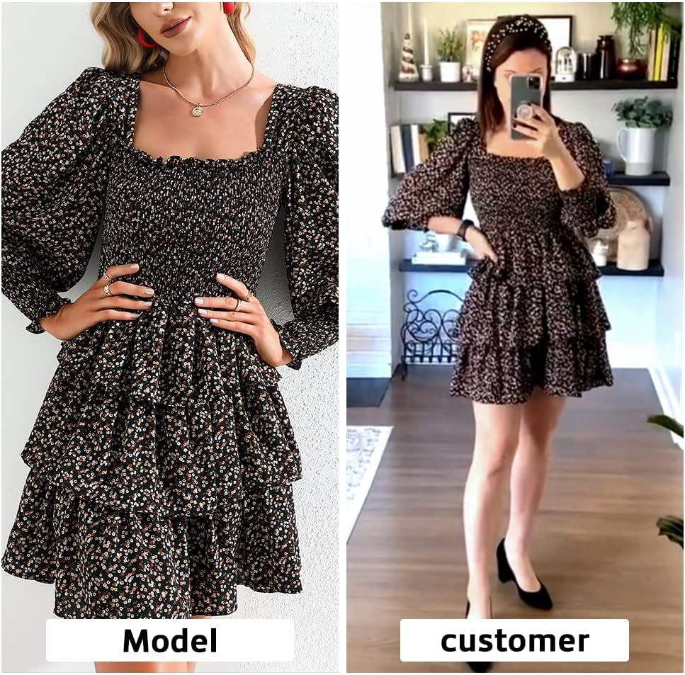 Byinns Women's 2024 Square Neck Ruffle Dress Long Sleeve Floral Print Tiered Tie Back Layered Swing Mini Dress