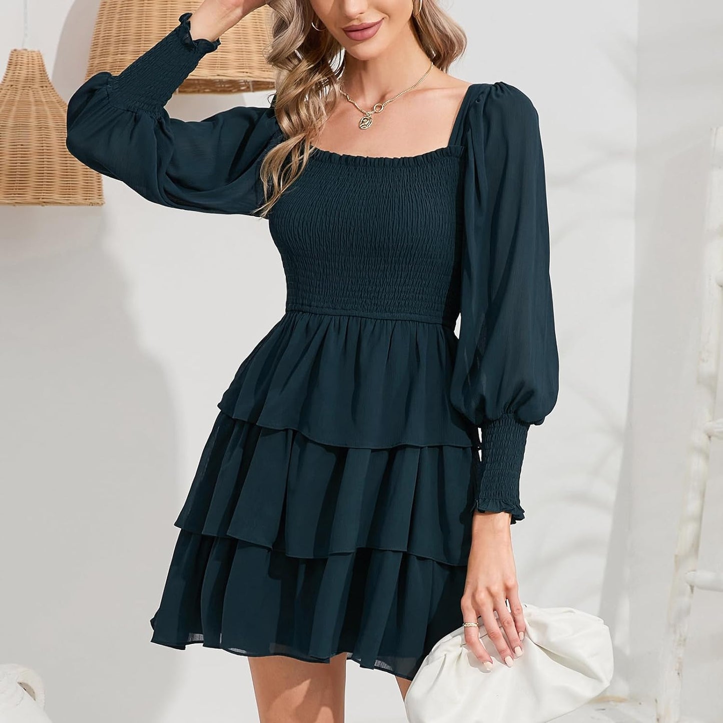 Byinns Women's 2024 Square Neck Ruffle Dress Long Sleeve Floral Print Tiered Tie Back Layered Swing Mini Dress