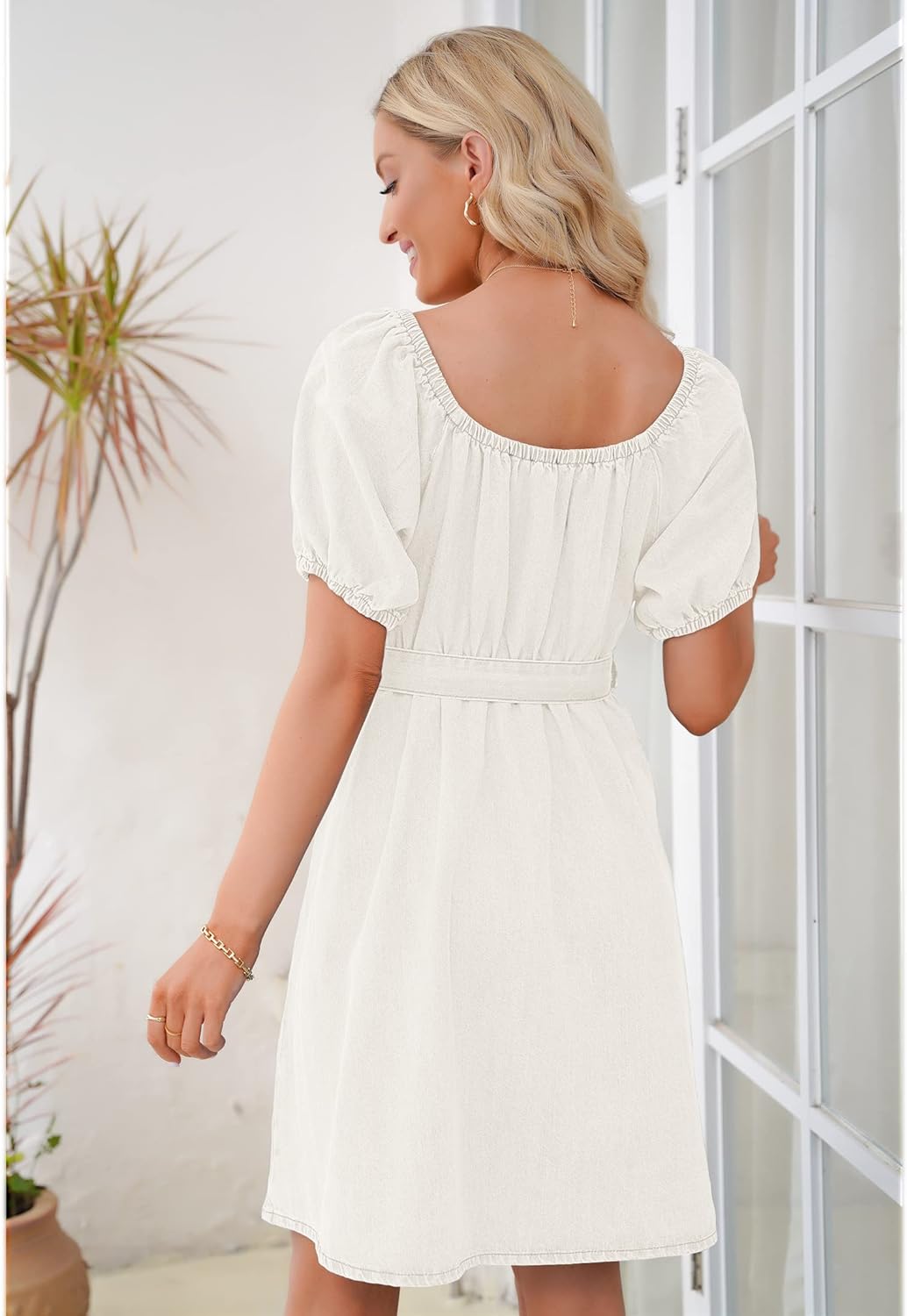 luvamia Denim Dress for Women Off The Shoulder Dresses Puff Sleeve Elastic Waist A Line Short Western Jean Dress Belted