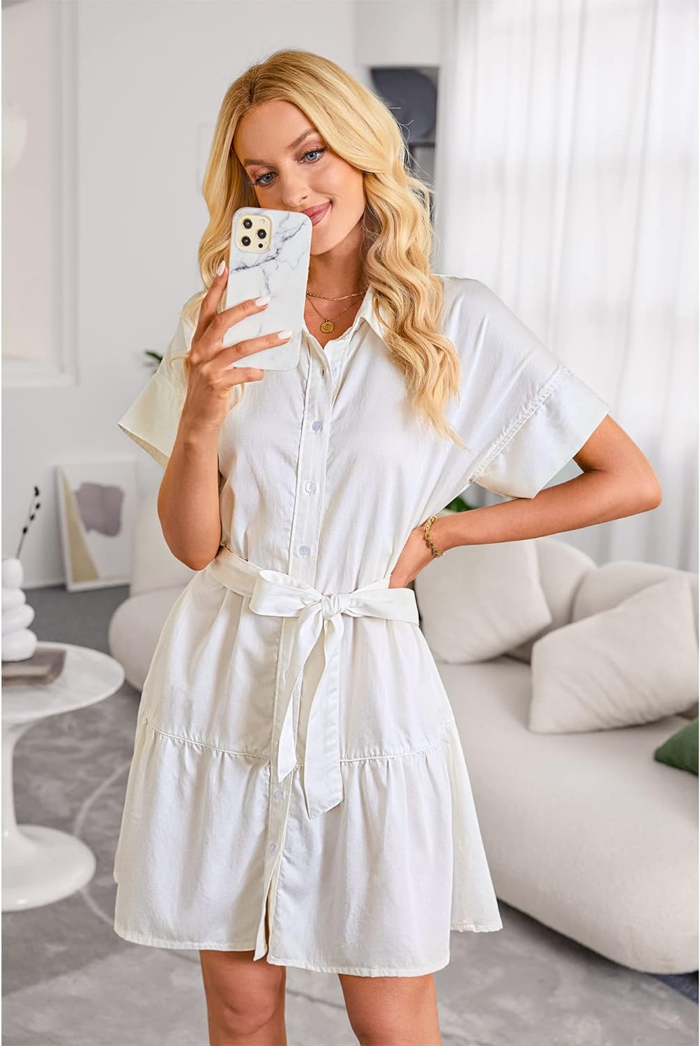GRAPENT Denim Dress for Women Summer Button Down Belted Short Dresses Flowy Western Casual Jean Dress
