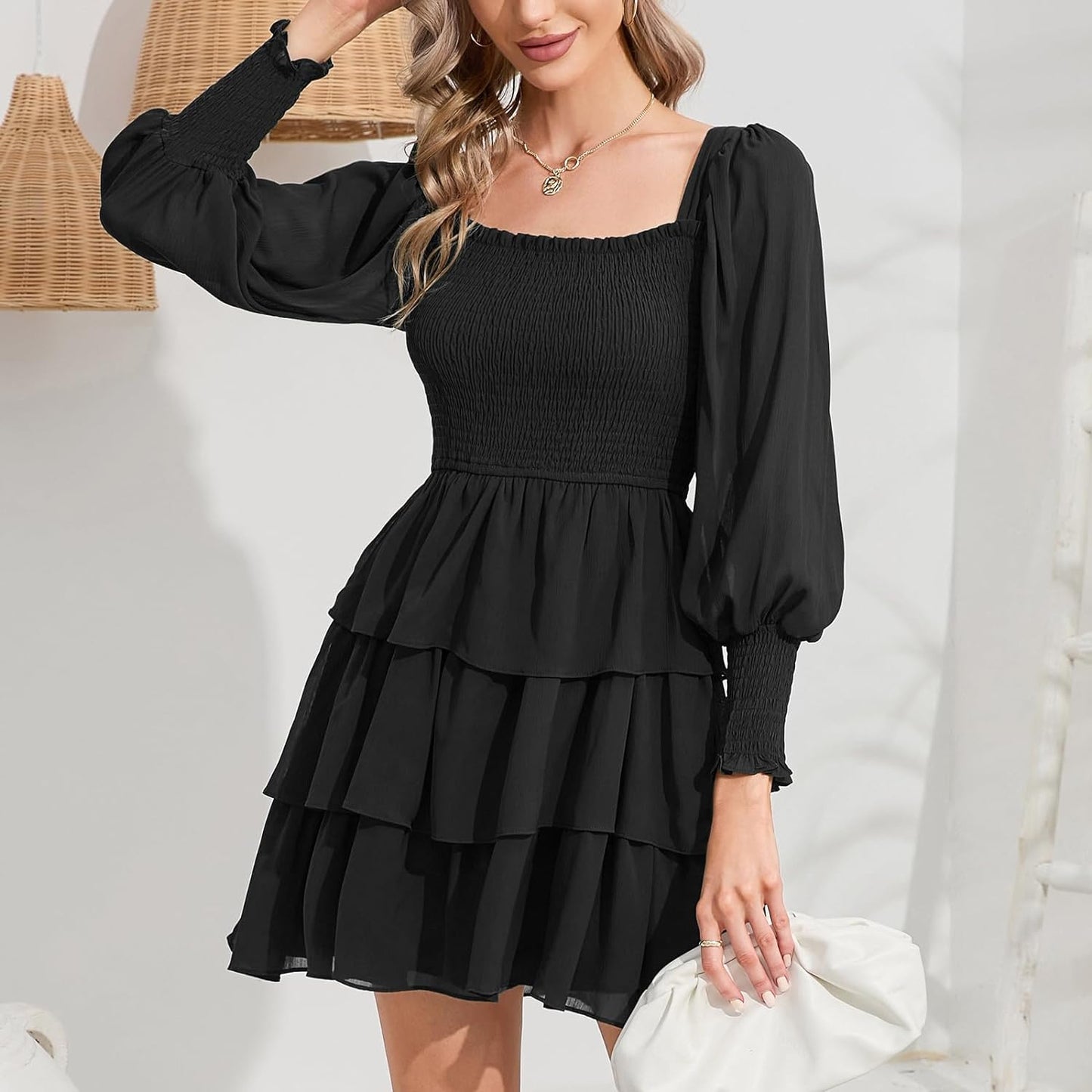 Byinns Women's 2024 Square Neck Ruffle Dress Long Sleeve Floral Print Tiered Tie Back Layered Swing Mini Dress