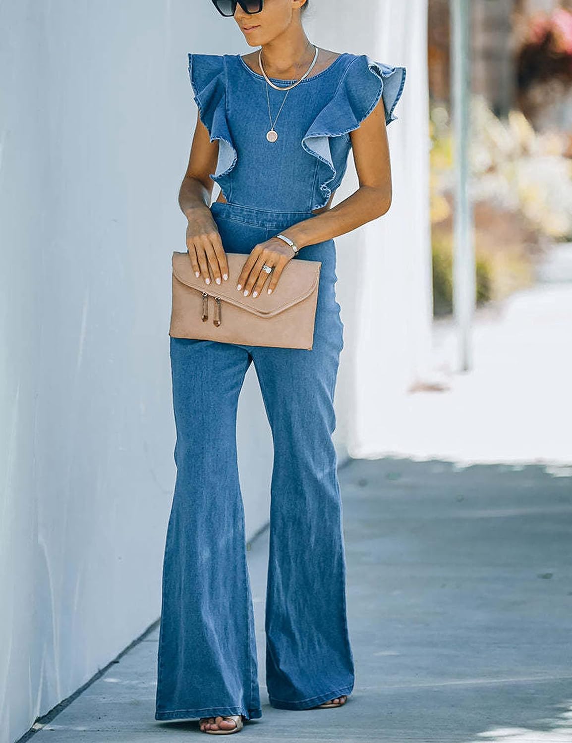 Omoone Women's Flared Denim Jumpsuit Ruffle Sleeve Backless Jeans Jumper Long Rompers