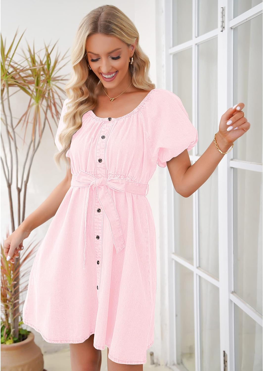 luvamia Denim Dress for Women Off The Shoulder Dresses Puff Sleeve Elastic Waist A Line Short Western Jean Dress Belted