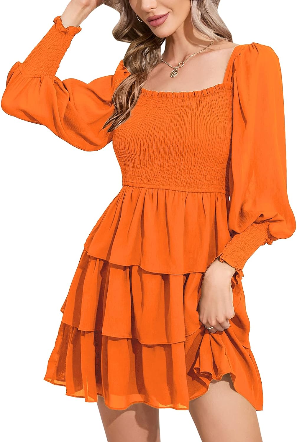 Byinns Women's 2024 Square Neck Ruffle Dress Long Sleeve Floral Print Tiered Tie Back Layered Swing Mini Dress