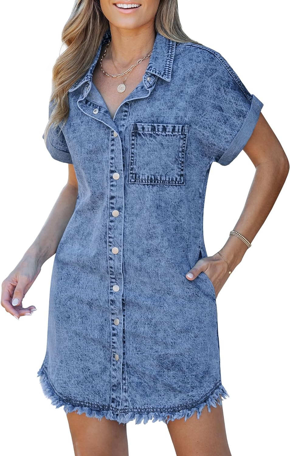 luvamia Denim Dress for Women Button Down Short Sleeves Casual Summer Jean Shirt Dresses with Pockets Frayed Hem