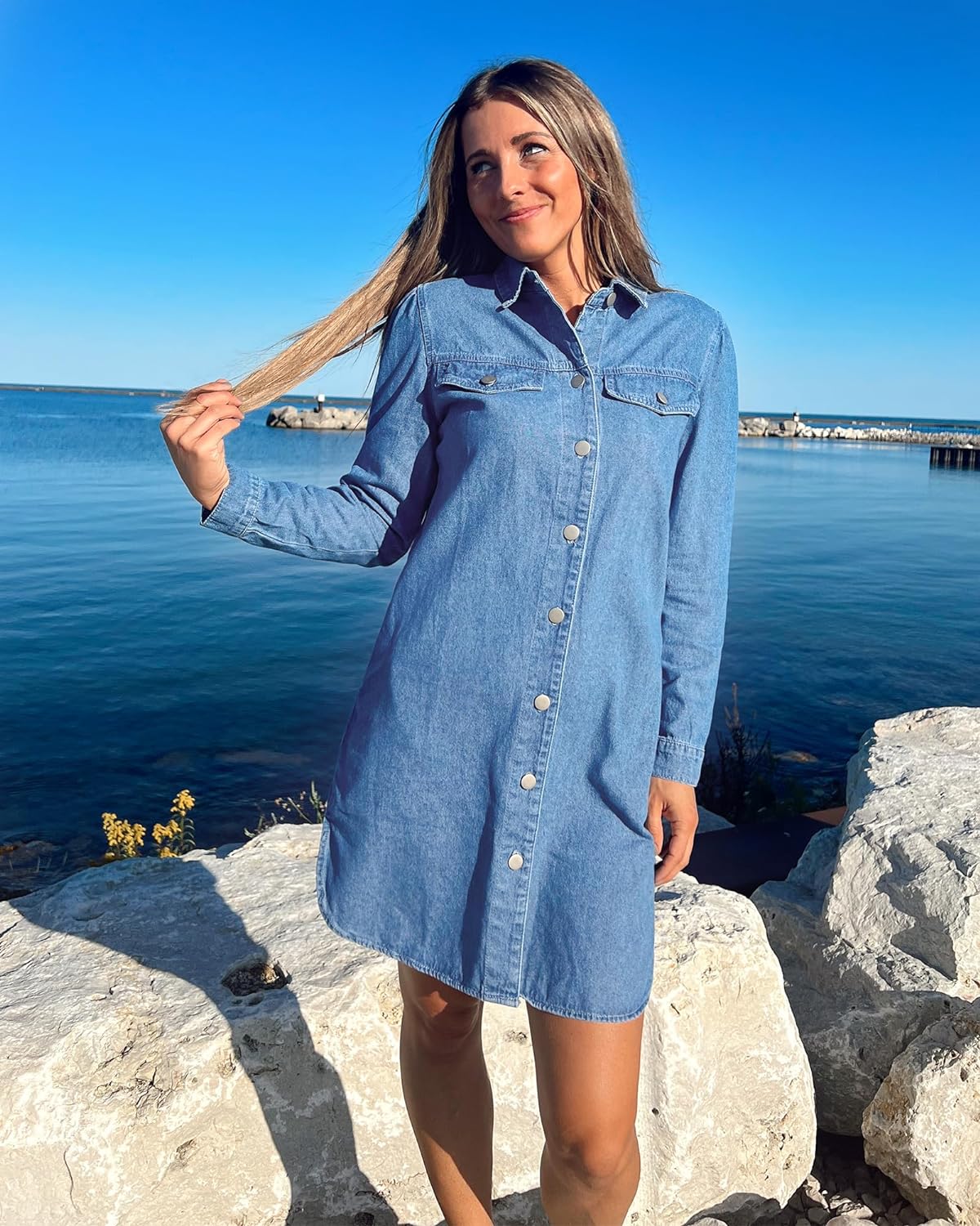 luvamia Denim Dress for Women 2024 Jean Spring Dresses Cowgirl Western Casual Long Sleeve Button Down Dress with Pockets