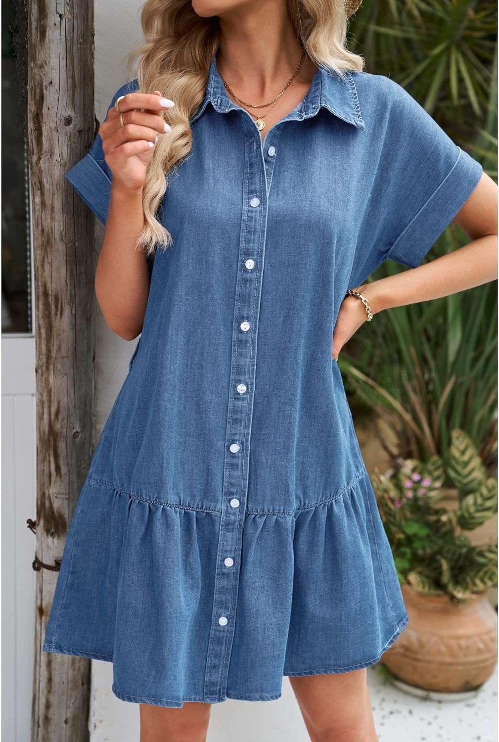 GRAPENT Denim Dress for Women Summer Button Down Belted Short Dresses Flowy Western Casual Jean Dress