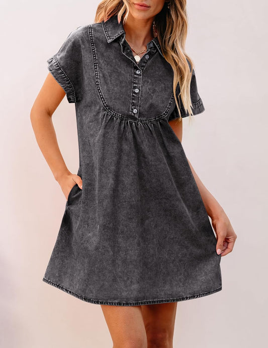 luvamia Denim Dress for Women Summer Short Sleeve Button Down Collared Pleated Western Jean Dresses with Pockets Relaxed