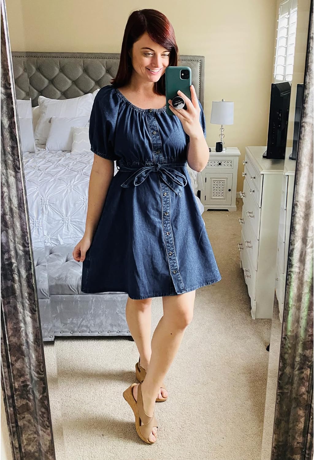 luvamia Denim Dress for Women Off The Shoulder Dresses Puff Sleeve Elastic Waist A Line Short Western Jean Dress Belted