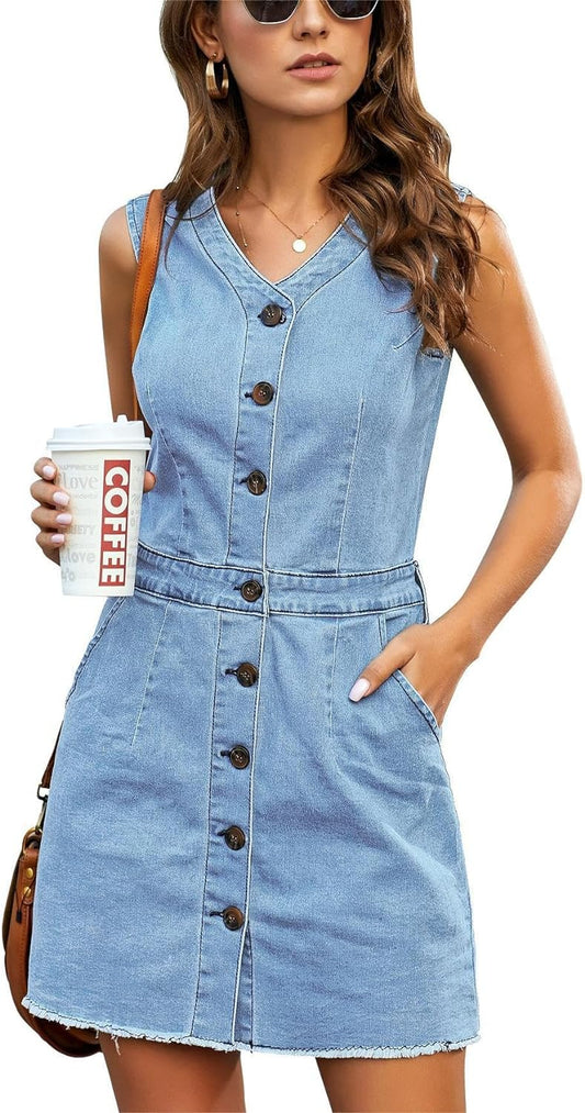 luvamia Women's Casual V Neck Sleeveless Jeans Button Down Denim Short Dress