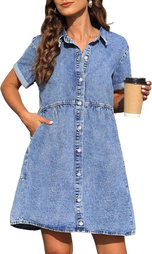 KDF Denim Dress for Women with Pockets Short Sleeve Babydoll Denim Shirt Dresses for Women 2023