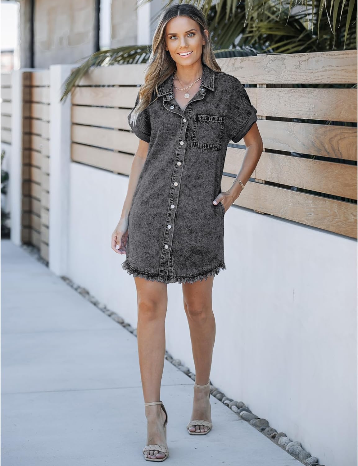 luvamia Denim Dress for Women Button Down Short Sleeves Casual Summer Jean Shirt Dresses with Pockets Frayed Hem