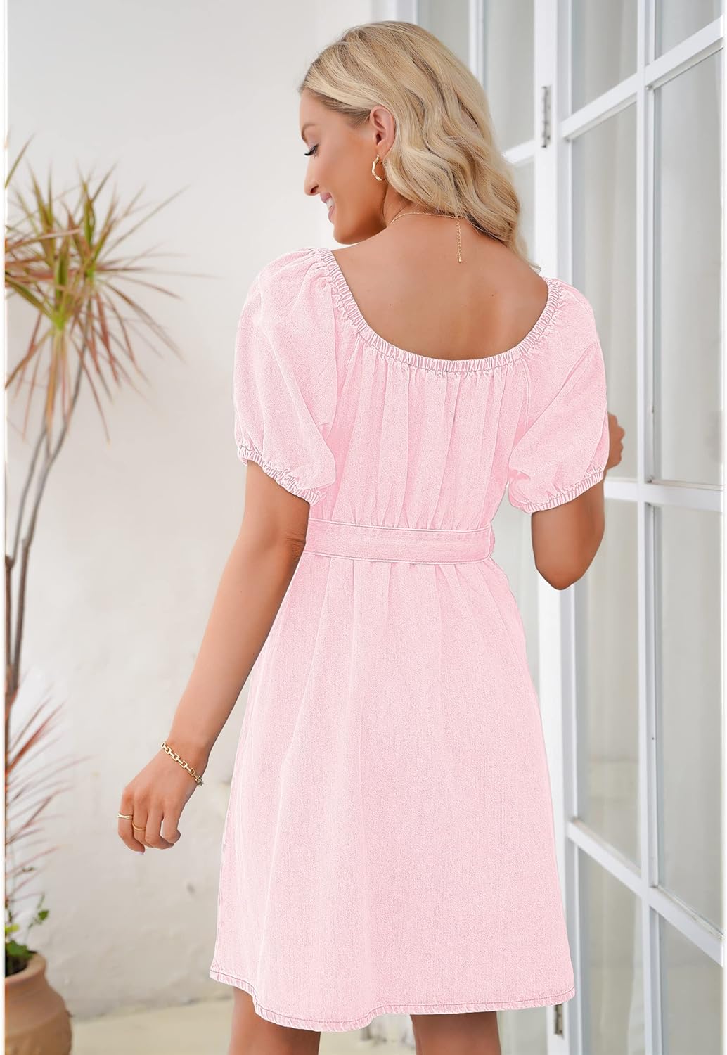 luvamia Denim Dress for Women Off The Shoulder Dresses Puff Sleeve Elastic Waist A Line Short Western Jean Dress Belted