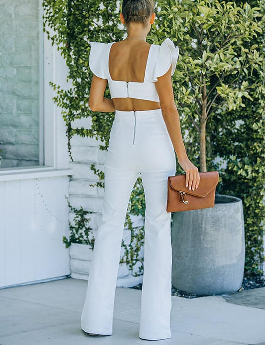 Omoone Women's Flared Denim Jumpsuit Ruffle Sleeve Backless Jeans Jumper Long Rompers